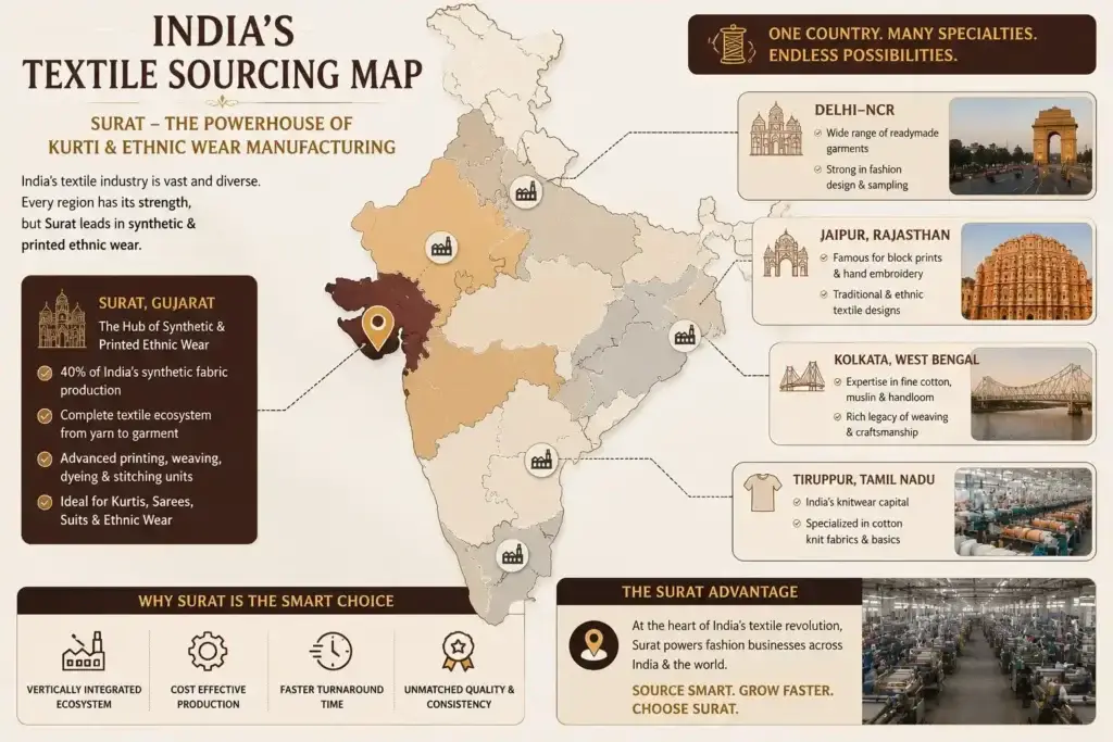 Surat kurti manufacturing hub and India textile sourcing map for ethnic wear production