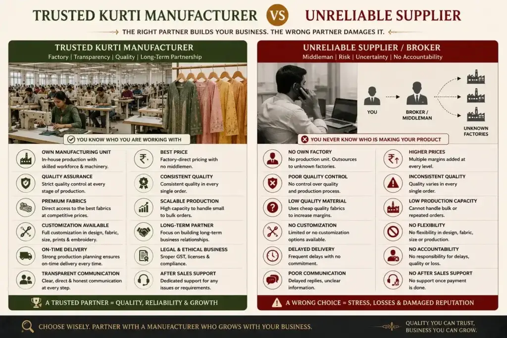 Trusted kurti manufacturer vs unreliable supplier comparison for wholesale buyers